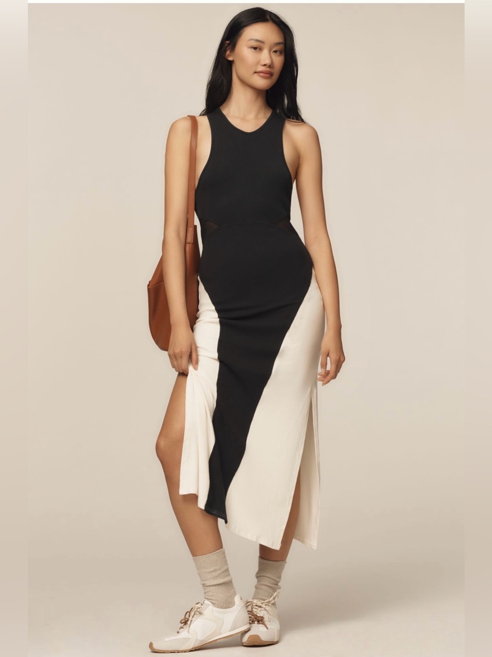 Colorblock Black and Cream Tank Midi Dress